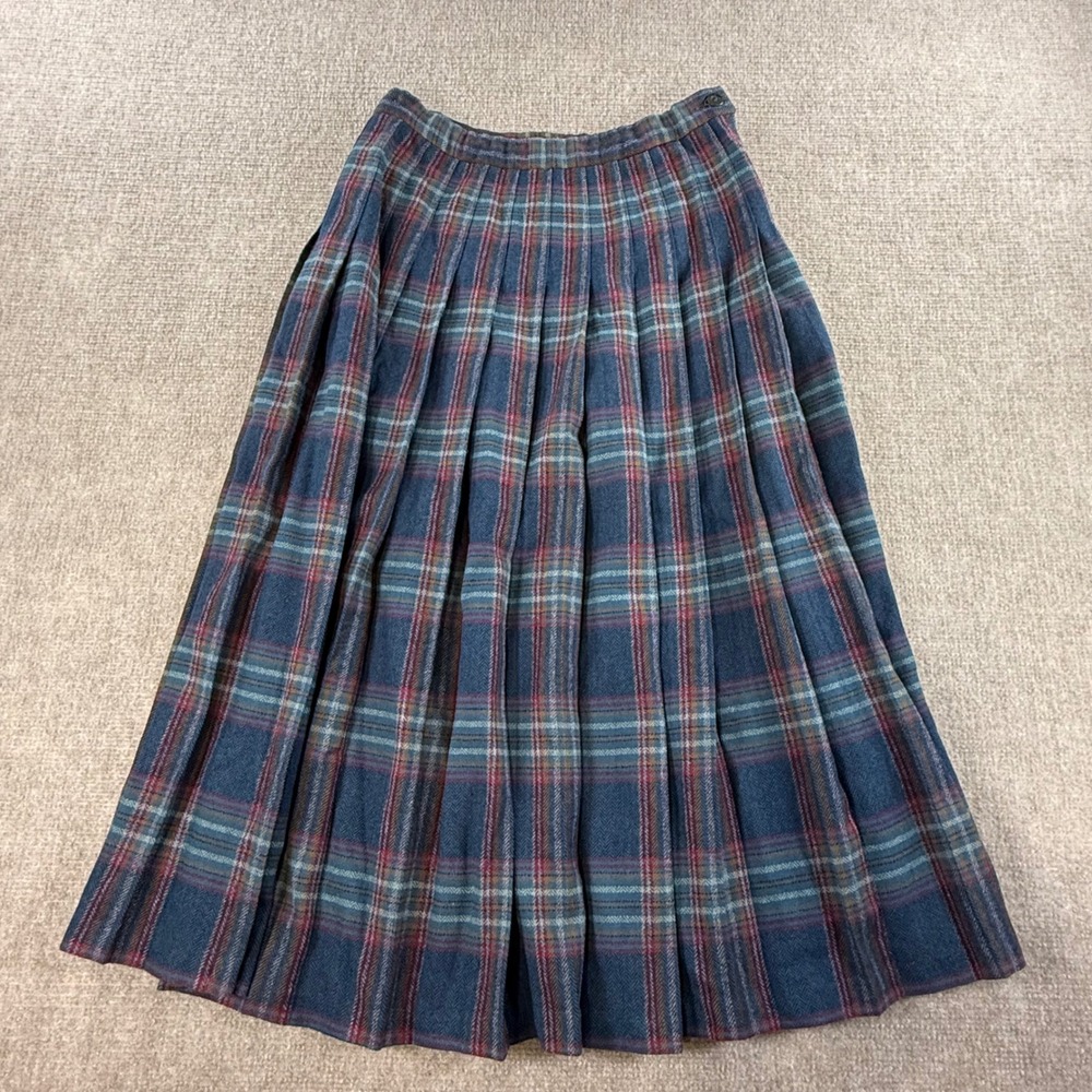 Vintage Petite Pendleton Wool Plaid Pleated Midi Skirt Blue Red Size 8 USA Made
